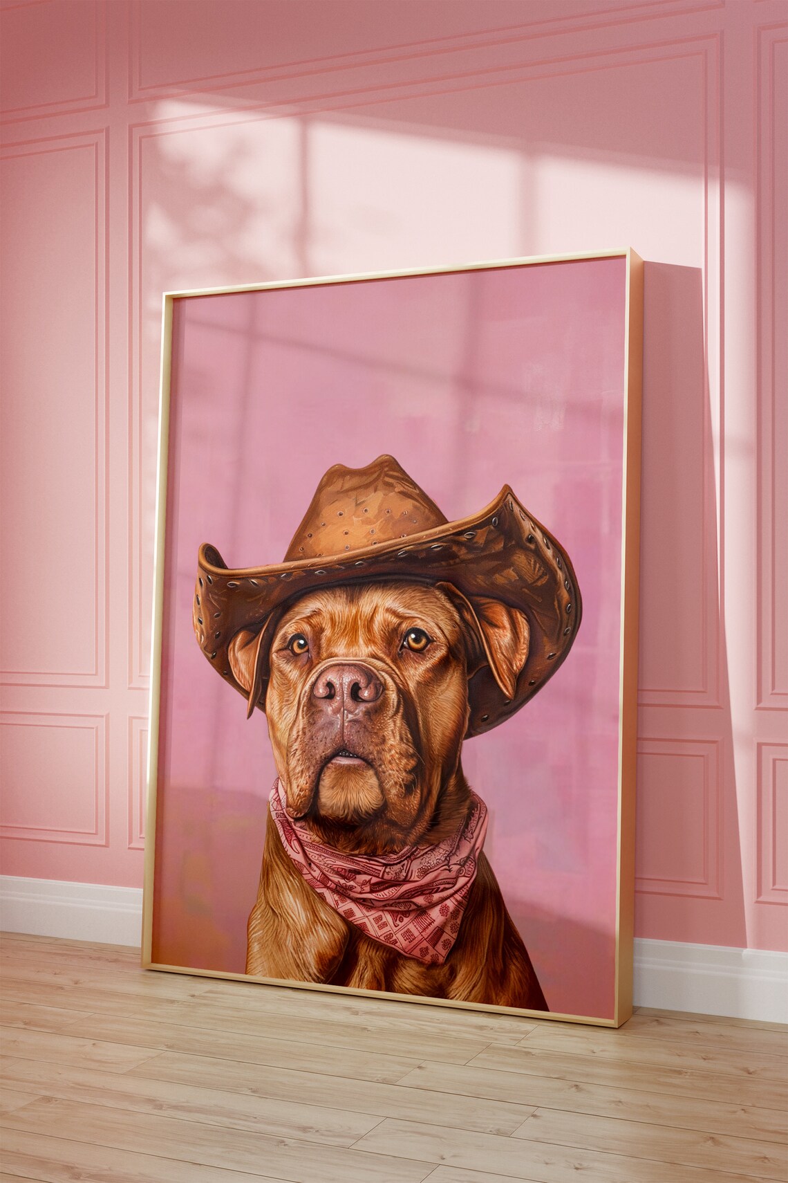 Large Red Mastiff in Cowboy Hat Pink Western Pet Portrait Poster