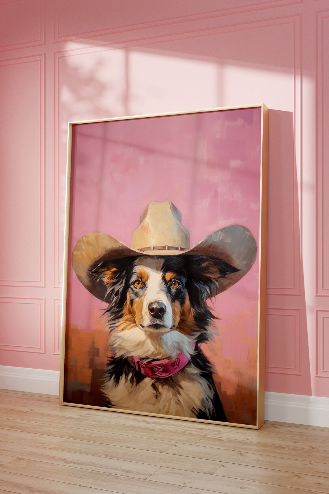 Tricolor Dog in Cowboy Hat Oil Painting Poster on Pink Background