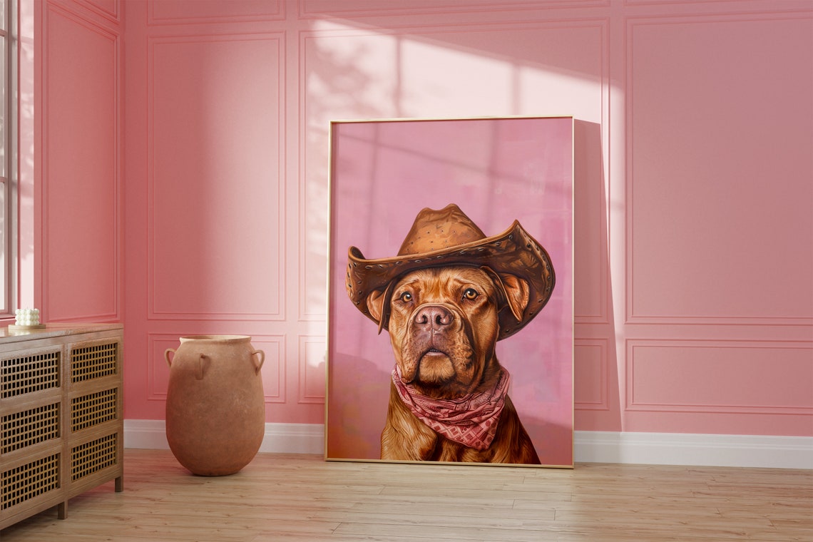 Large Red Mastiff in Cowboy Hat Pink Western Pet Portrait Poster - Image 2