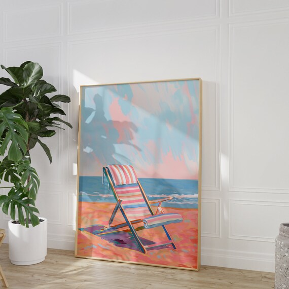 Striped Beach Chair Pastel Seaside Painting Coastal Decor Poster