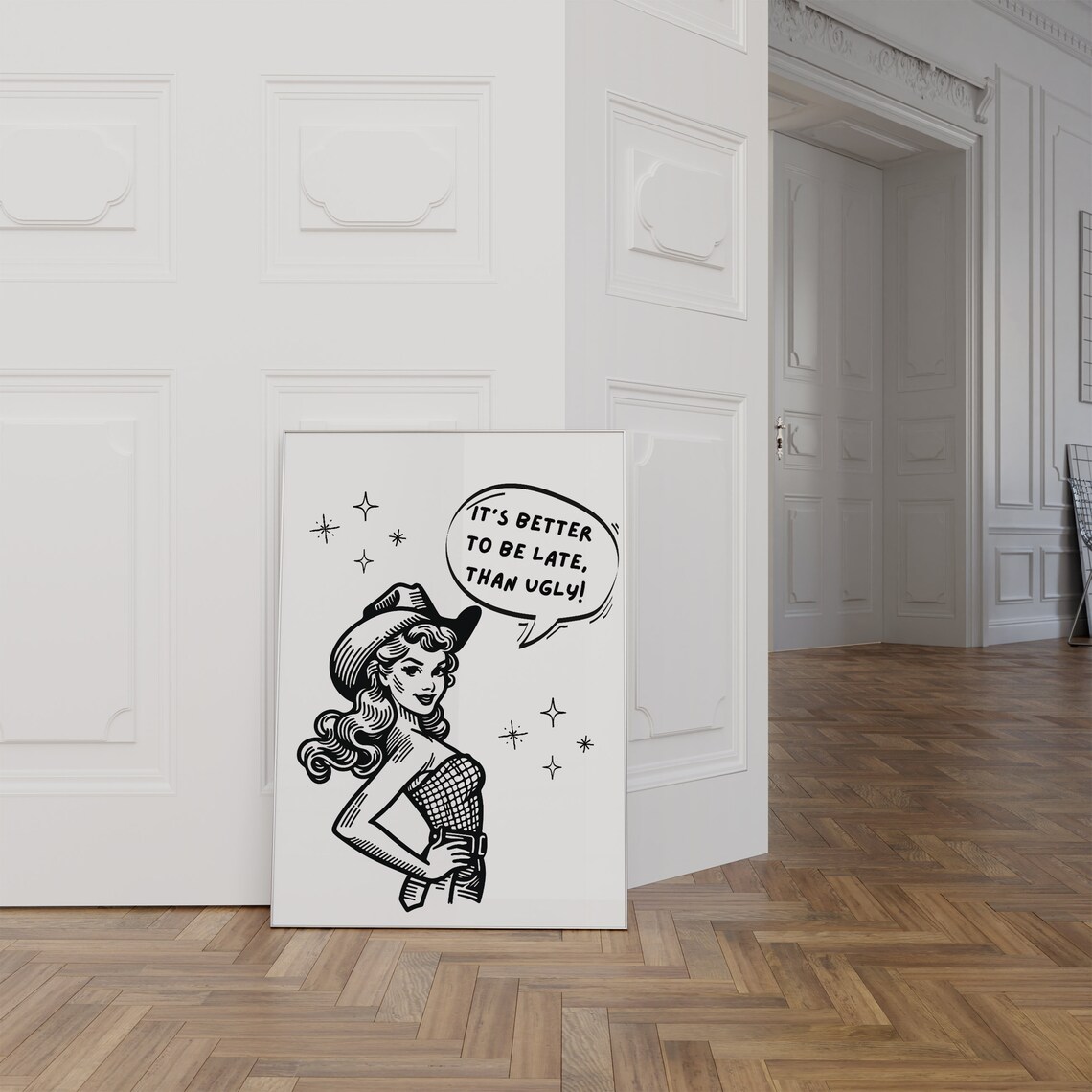 Better Late Than Ugly Cowgirl Pin Up Funny Retro Quote Poster - Image 2