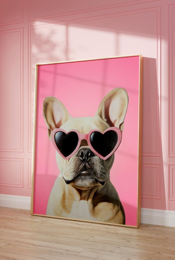 Pink Frenchie Print Funky Poster Preppy Art French Bull Dog Cute Pink Decor Dog Print Kids Room Frenchie Dog Print