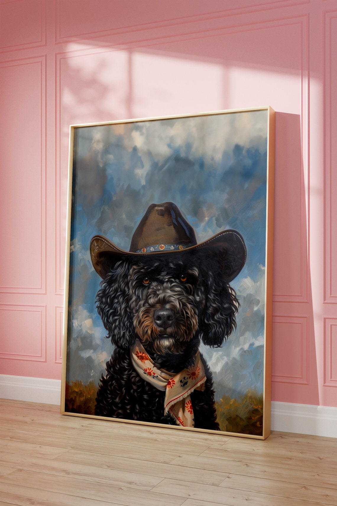 Black Doodle Dog in Cowboy Hat Dramatic Sky Western Art Poster