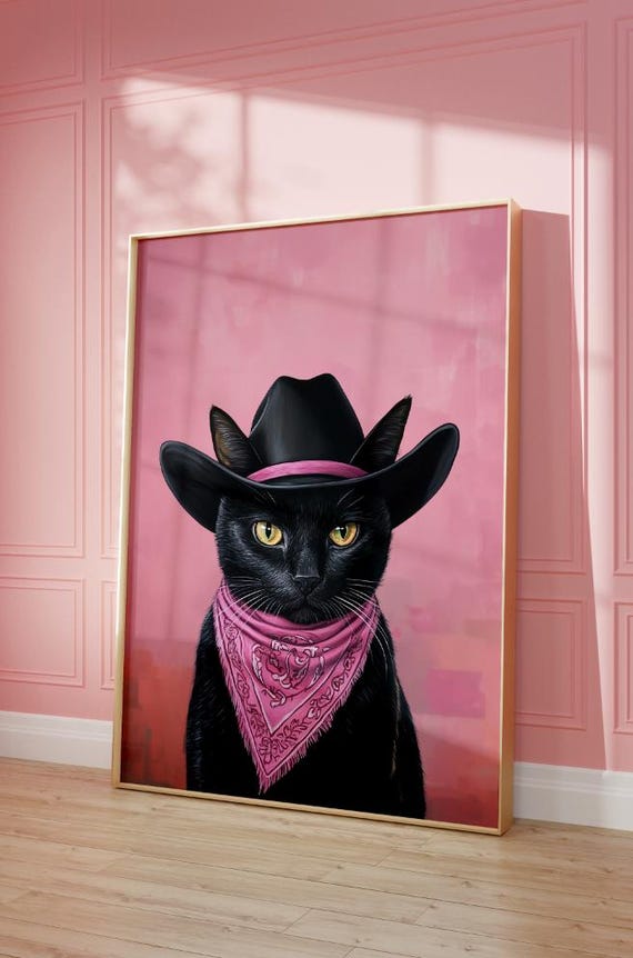Black Cat Cowgirl Hat Vintage Western Art Print