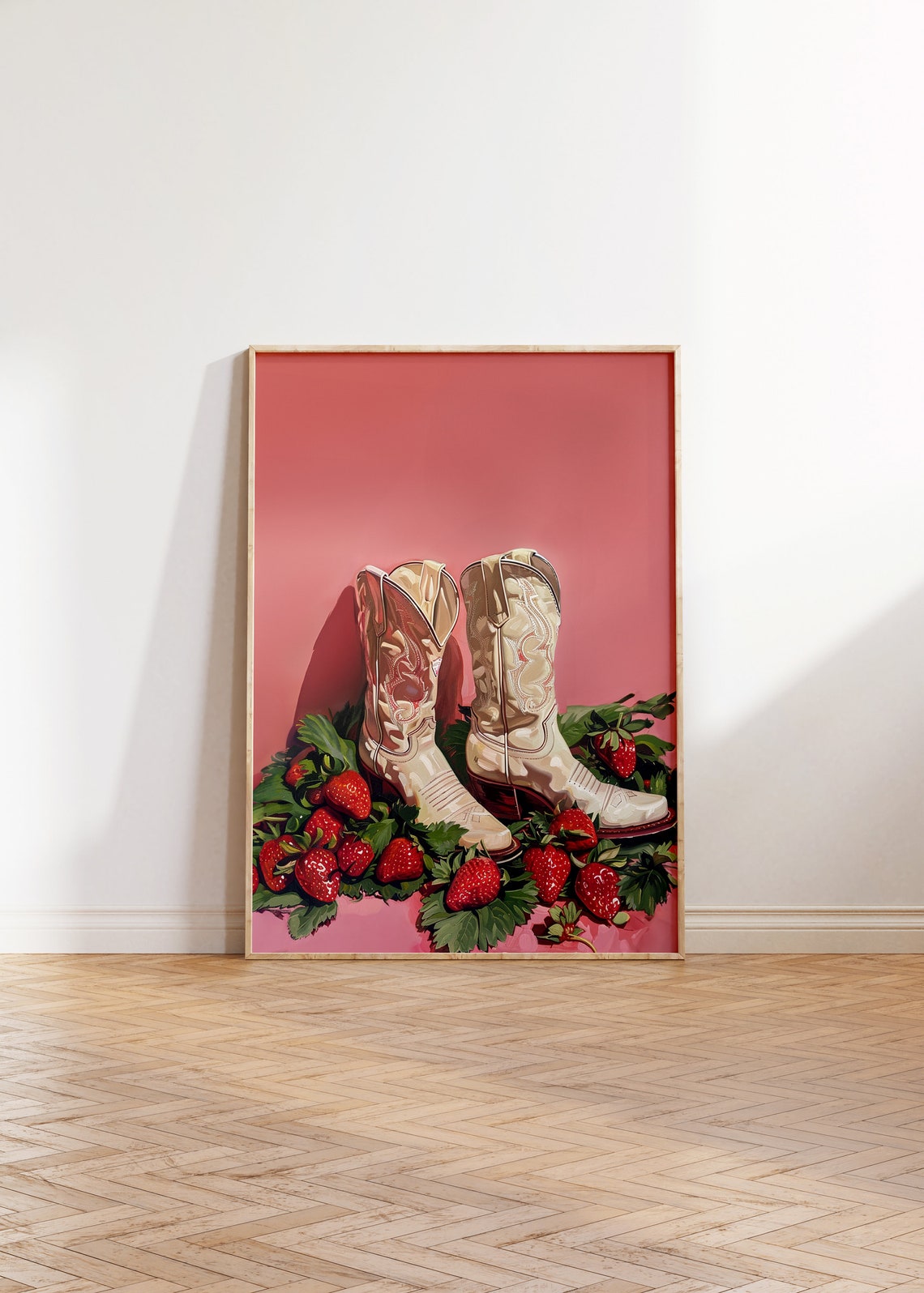 Strawberry Cowgirl Boots White Boots Berries Pink Summer Art Poster