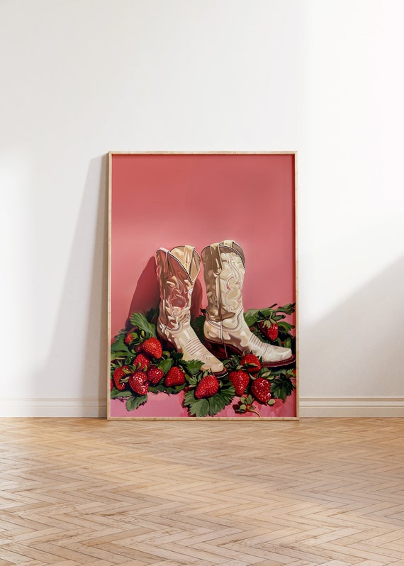 Retro Disco Strawberry Cowgirl Boot Print Fruit Pink Print Coquette Wall Art Girly Preppy Trendy Wall Art Cowgirl Aesthetic Cute