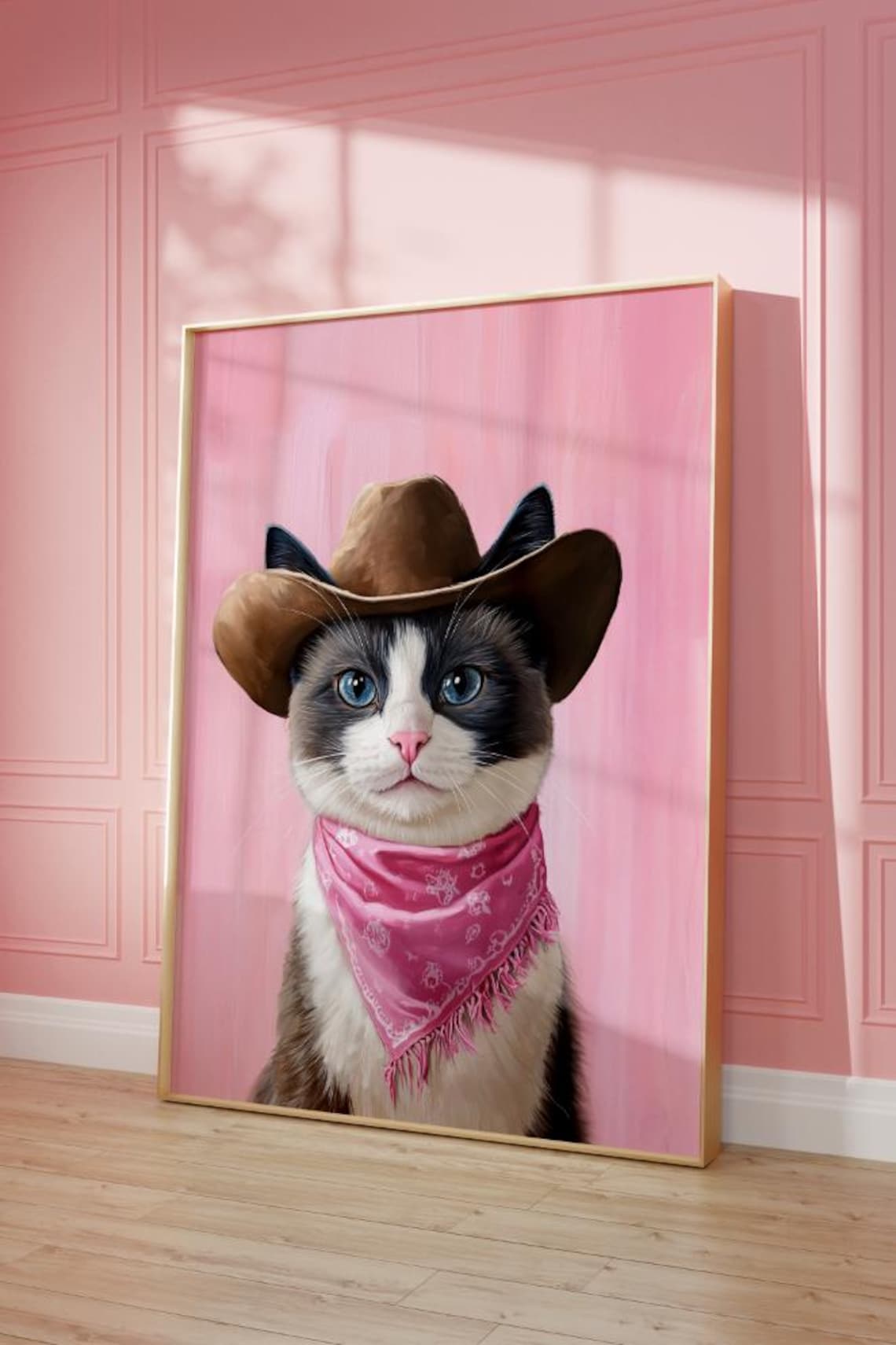 Blue Eyed Cowboy Cat in Hat With Pink Bandana Portrait Poster