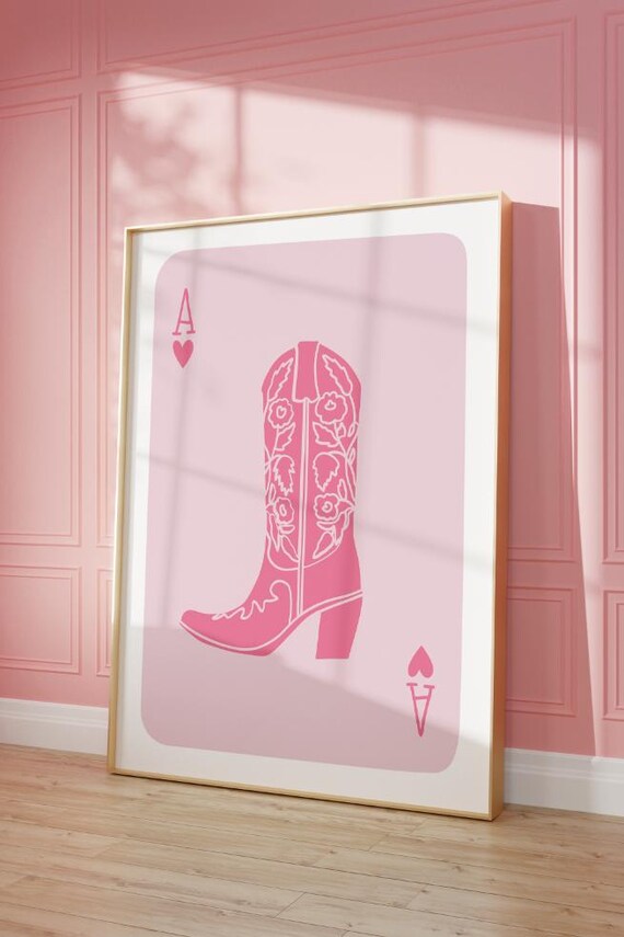 Pink Cowgirl Boot Ace Of Hearts Western Playing Card Game Poster