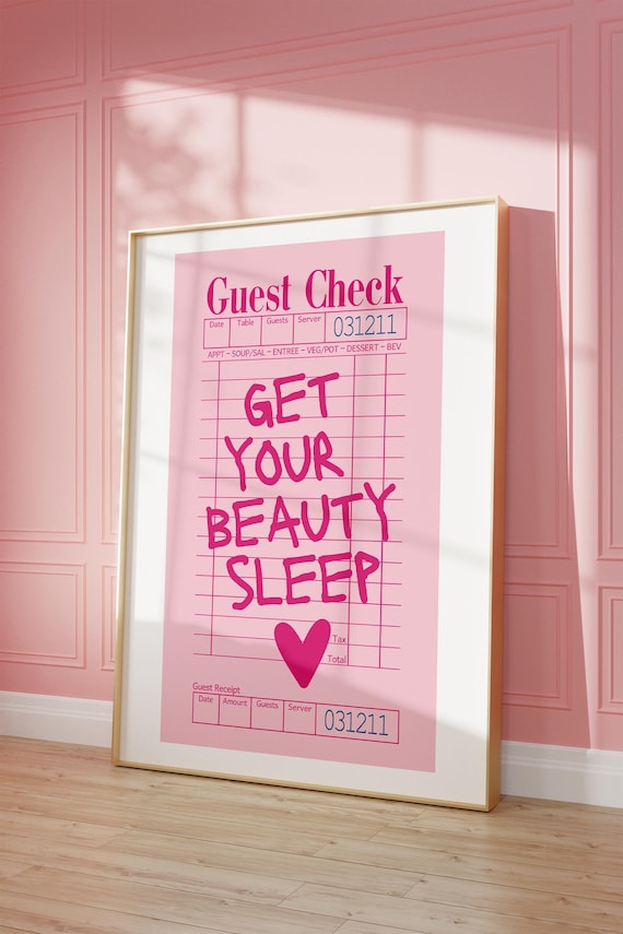 Trendy Pink Guest Check Beauty Sleep Print Funny Quote For College Dorm Pink Aesthetic Poster Preppy Poster For Apartment Bedroom Decor