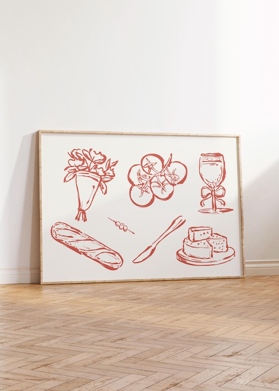 French Dinner Party Red Line Art Baguette Wine Cheese Wall Art