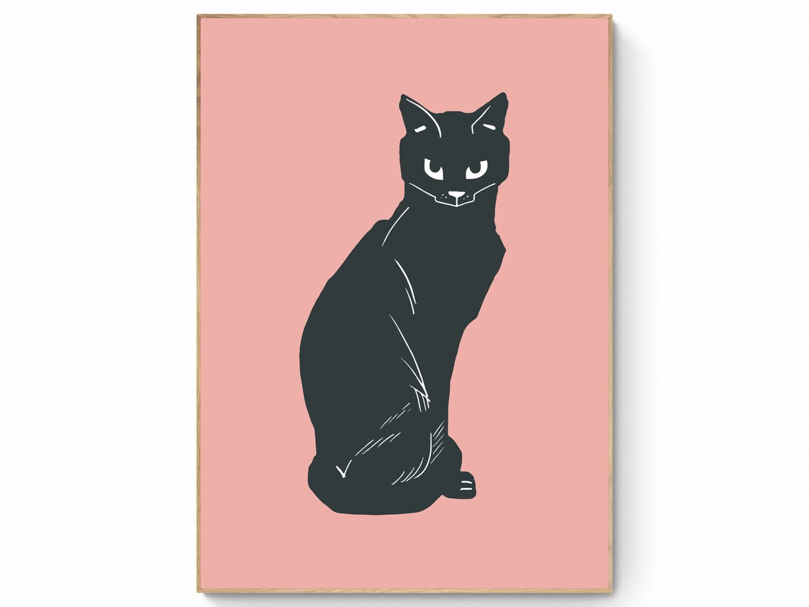 Black Cat Portrait Modern Art Print, Cat Lover Gift