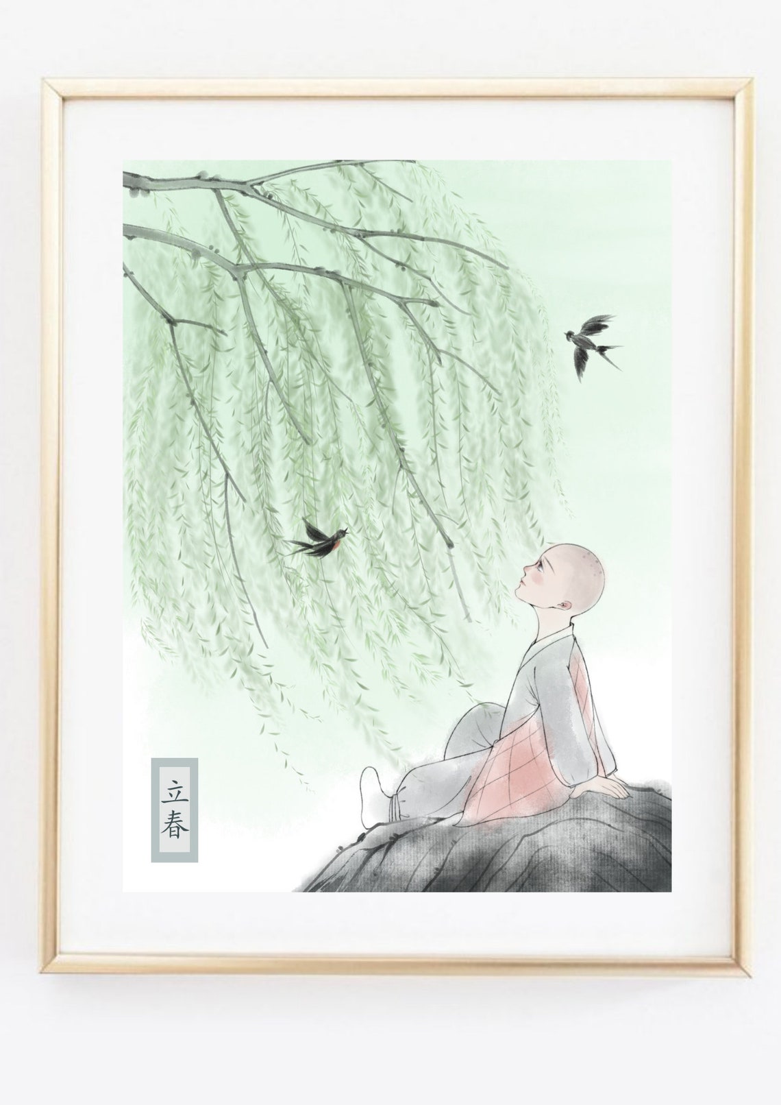 Little Monk Under Willow Tree Watching Swallows Spring Zen Poster - Image 3