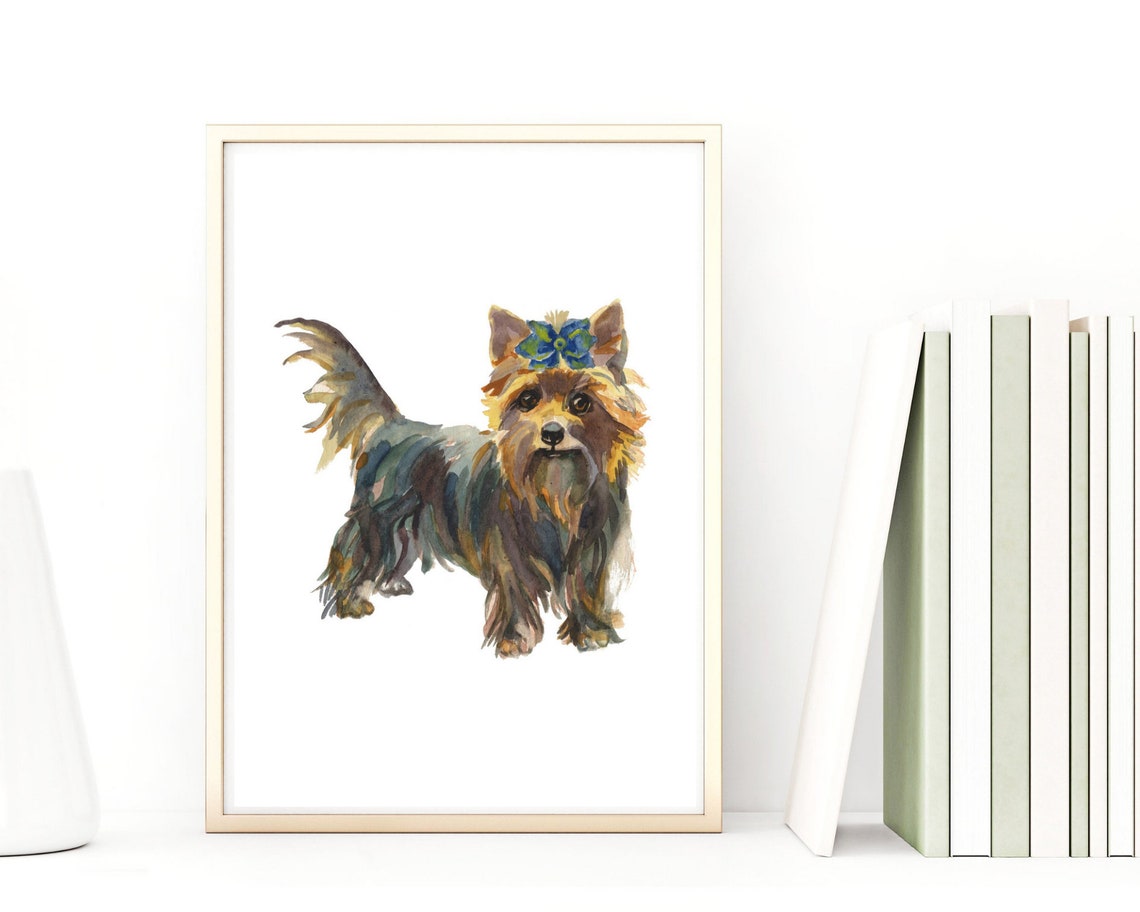 Yorkshire Terrier Blue Bow Watercolor Standing Puppy Dog Print
