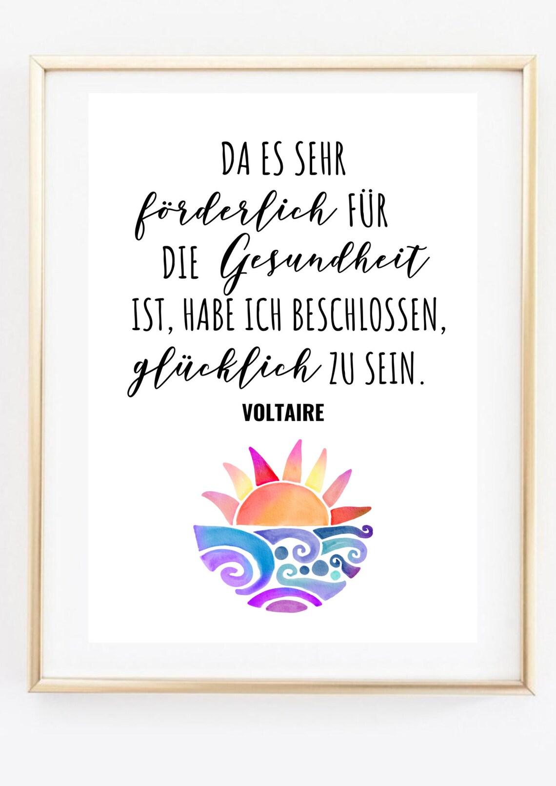 Voltaire Health Happiness Quote Colorful Watercolor Sun Wall Art Print - Image 2