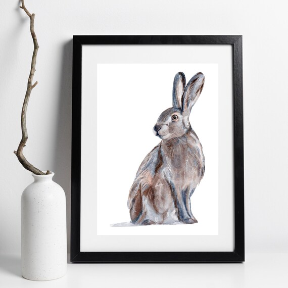 Field Hare Watercolor Sitting Brown Rabbit Woodland Animal Nature Print