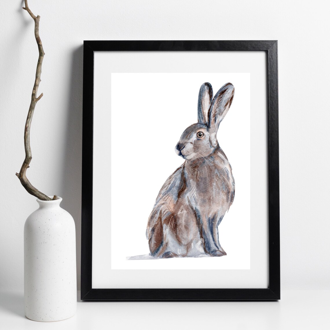 Field Hare Watercolor Sitting Brown Rabbit Woodland Animal Nature Print