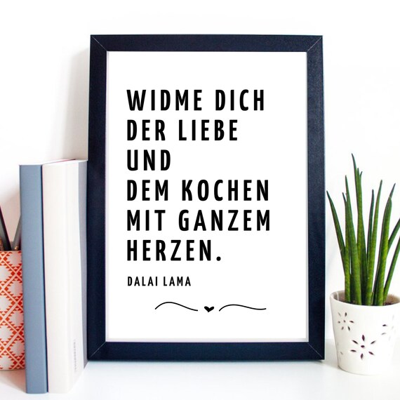 Dalai Lama Love And Cooking German Quote Kitchen Typography Poster