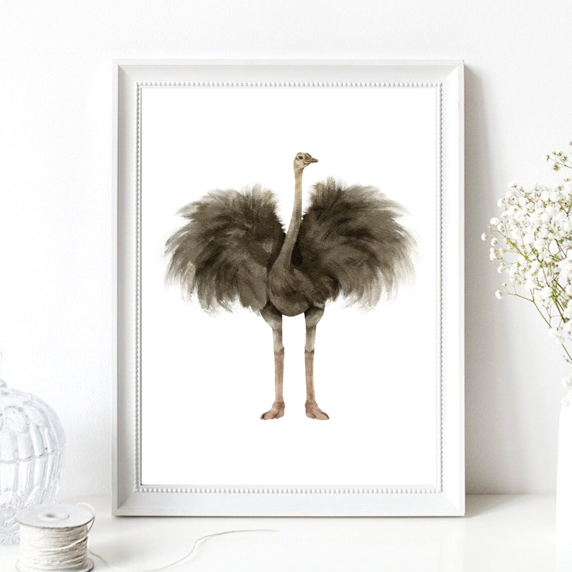 Majestic Ostrich Fluffy Wings Spread Watercolor Safari Bird Art Print - Image 3