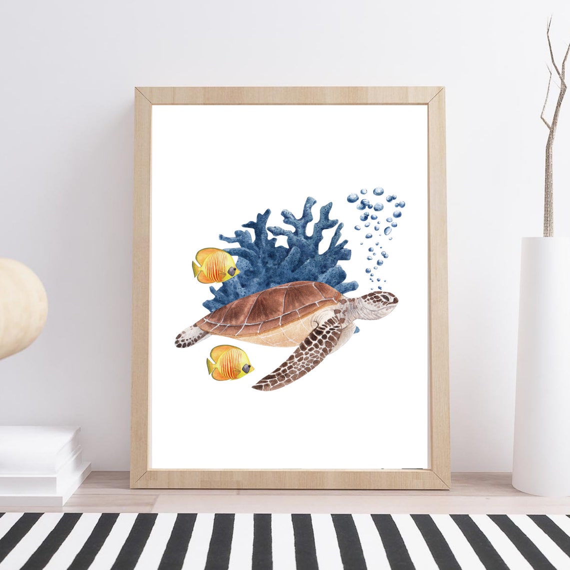Sea Turtle Watercolor Coral Reef Fish Underwater Ocean Life Art Poster