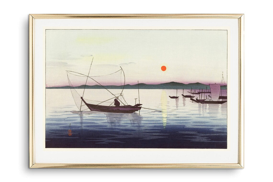 Japanese Fishing Boat Sunset Woodblock Style Asia Seascape Art Poster - Image 2