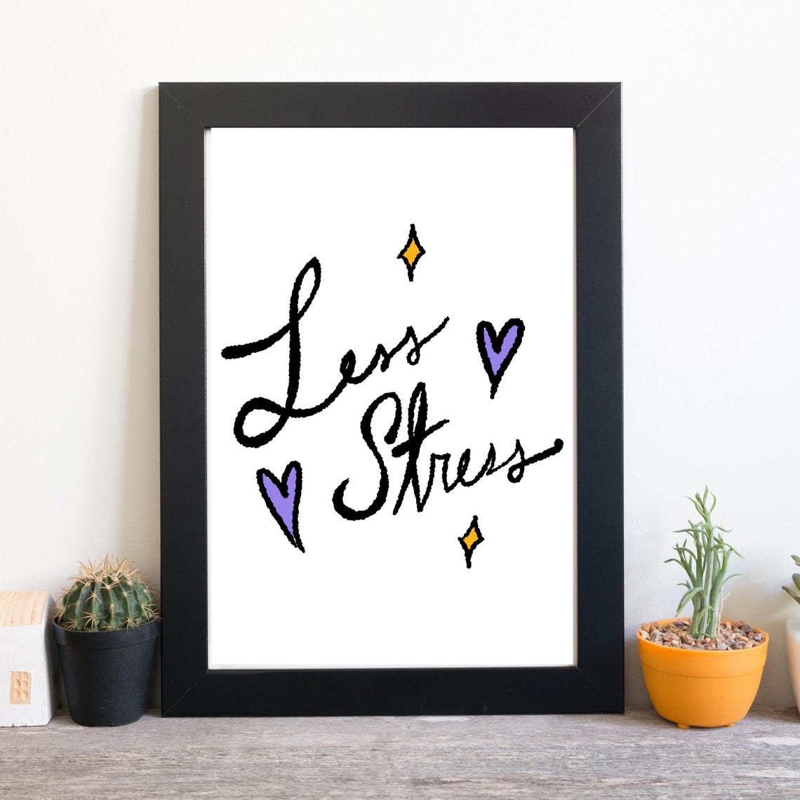 Less Stress Hand Lettering Hearts Calm Mindfulness Relaxation Wall Art - Image 2