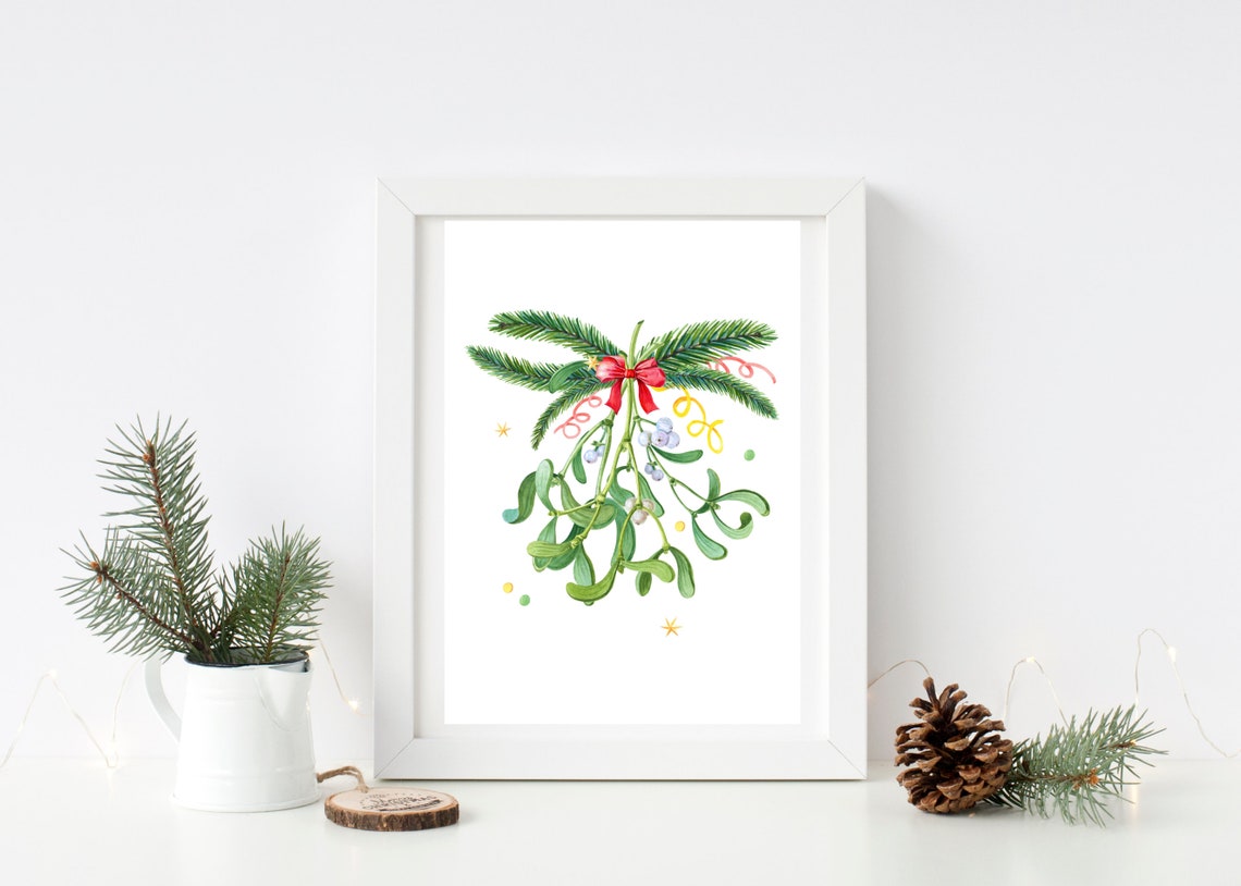 Mistletoe with Red Bow Watercolor Christmas Holiday Botanical Poster