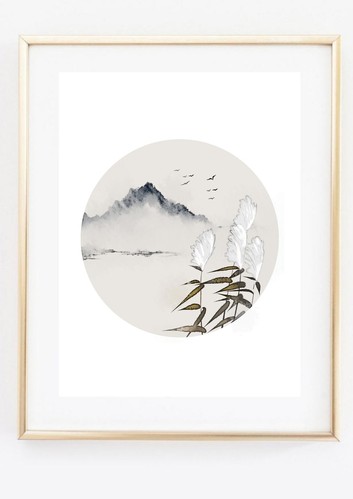 Japanese Ink Wash Circle Mountains Reeds Birds Zen Nature Poster - Image 3