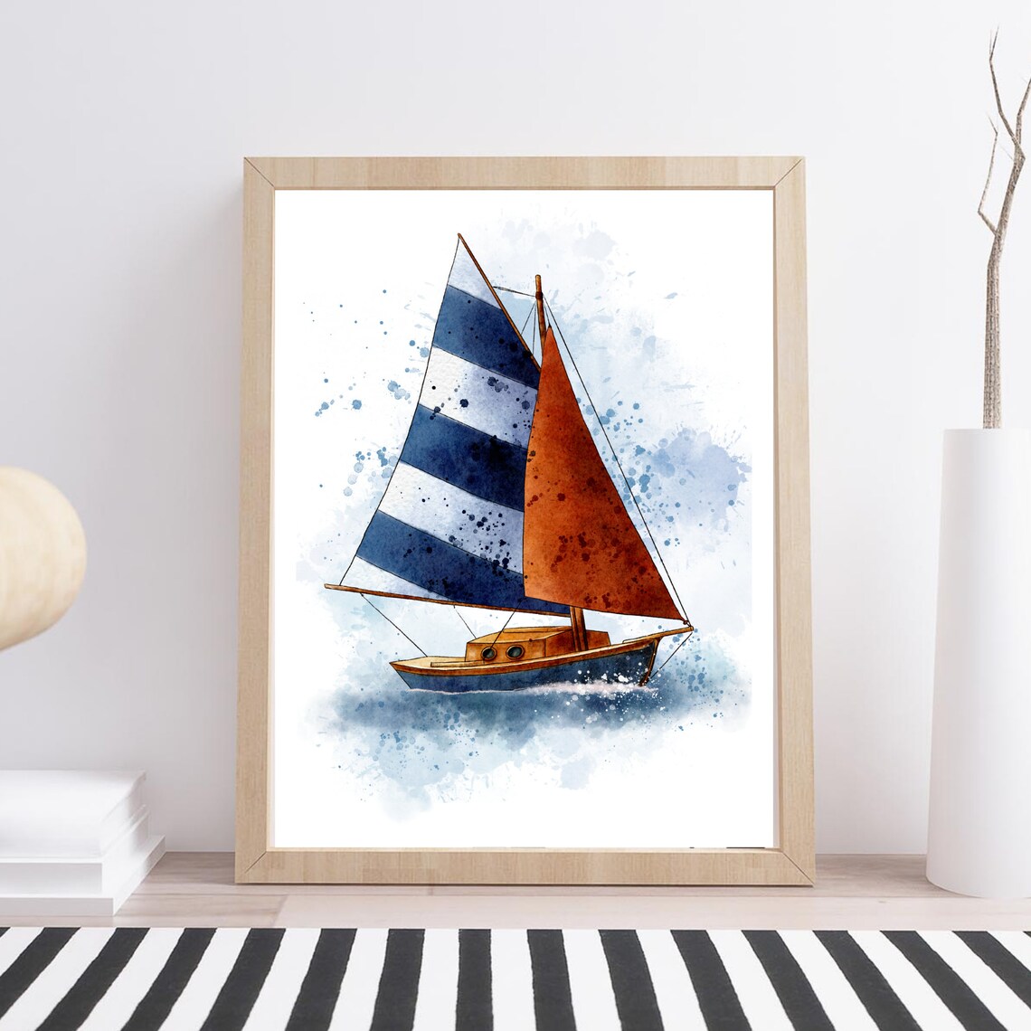 Watercolor Sailboat Striped Blue Orange Sails Maritime Nautical Art Print