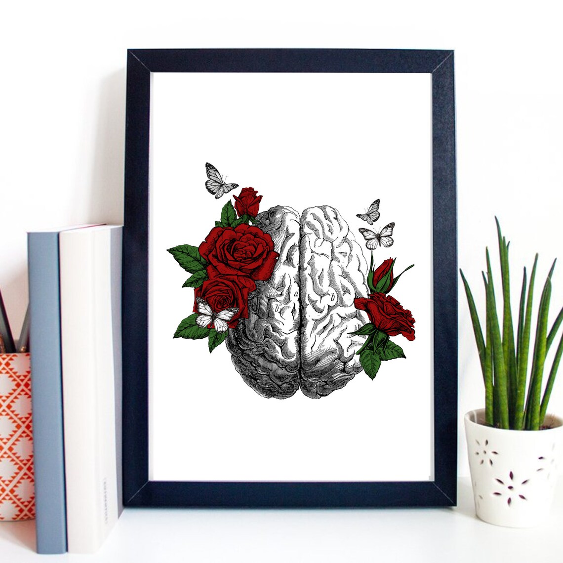 Human Brain With Red Roses Butterfly Vintage Anatomy Art Print - Image 2