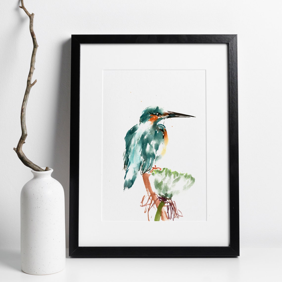 Kingfisher Bird Watercolor Painting Teal Blue Wildlife Wall Art
