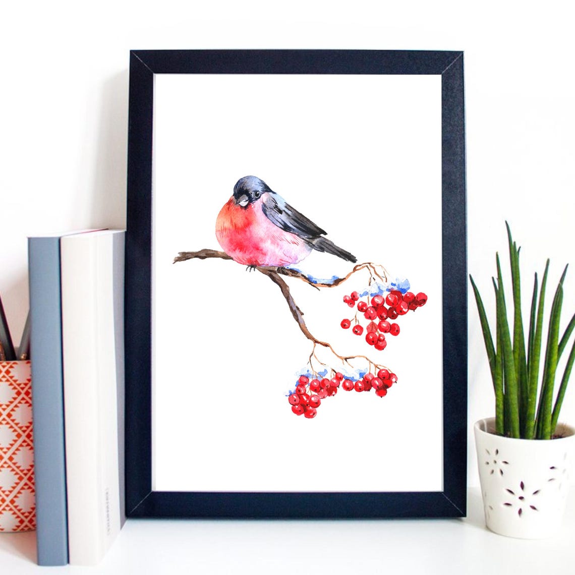 Red Bullfinch Perched on Snowy Red Berries Branch Watercolor Print