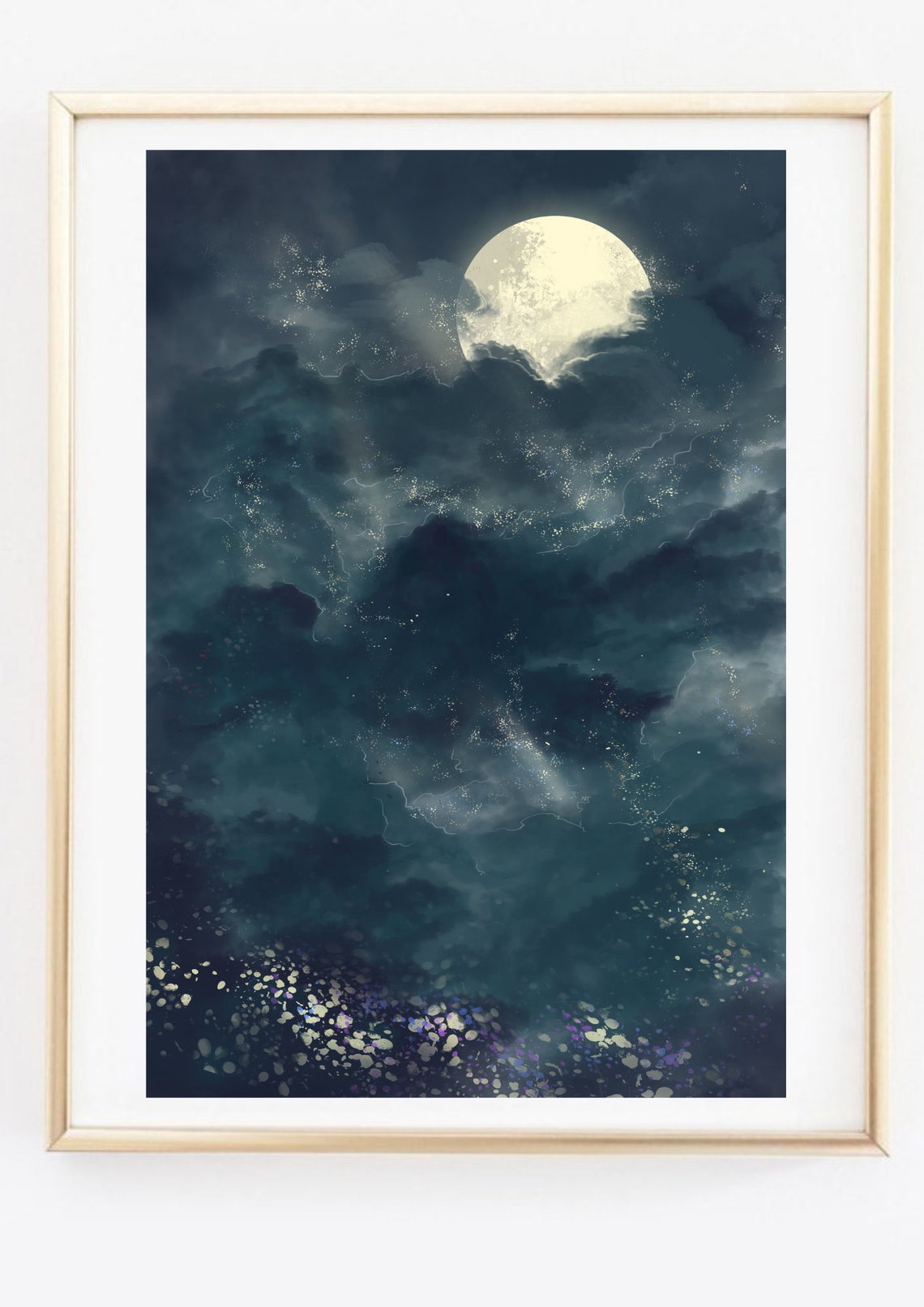 Full Moon Night Sky Mountains Starry Clouds Magical Art Poster - Image 2