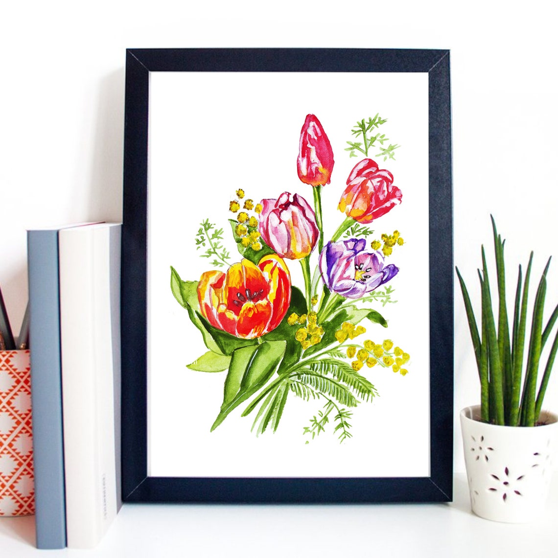 Vibrant Watercolor Tulip Bouquet Spring Flowers Floral Poster