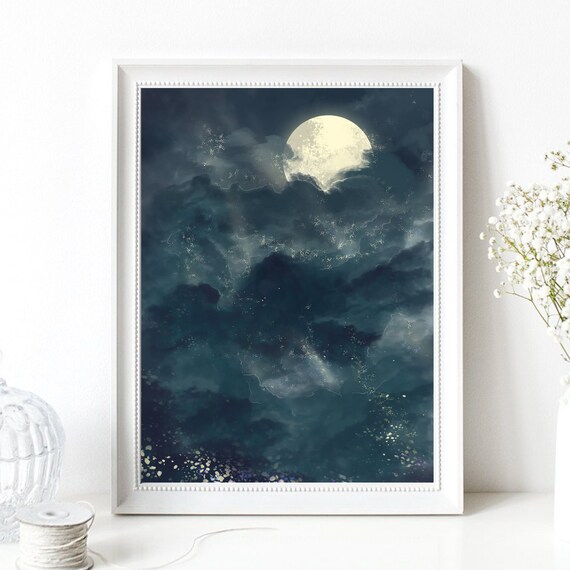 Full Moon Night Sky Mountains Starry Clouds Magical Art Poster