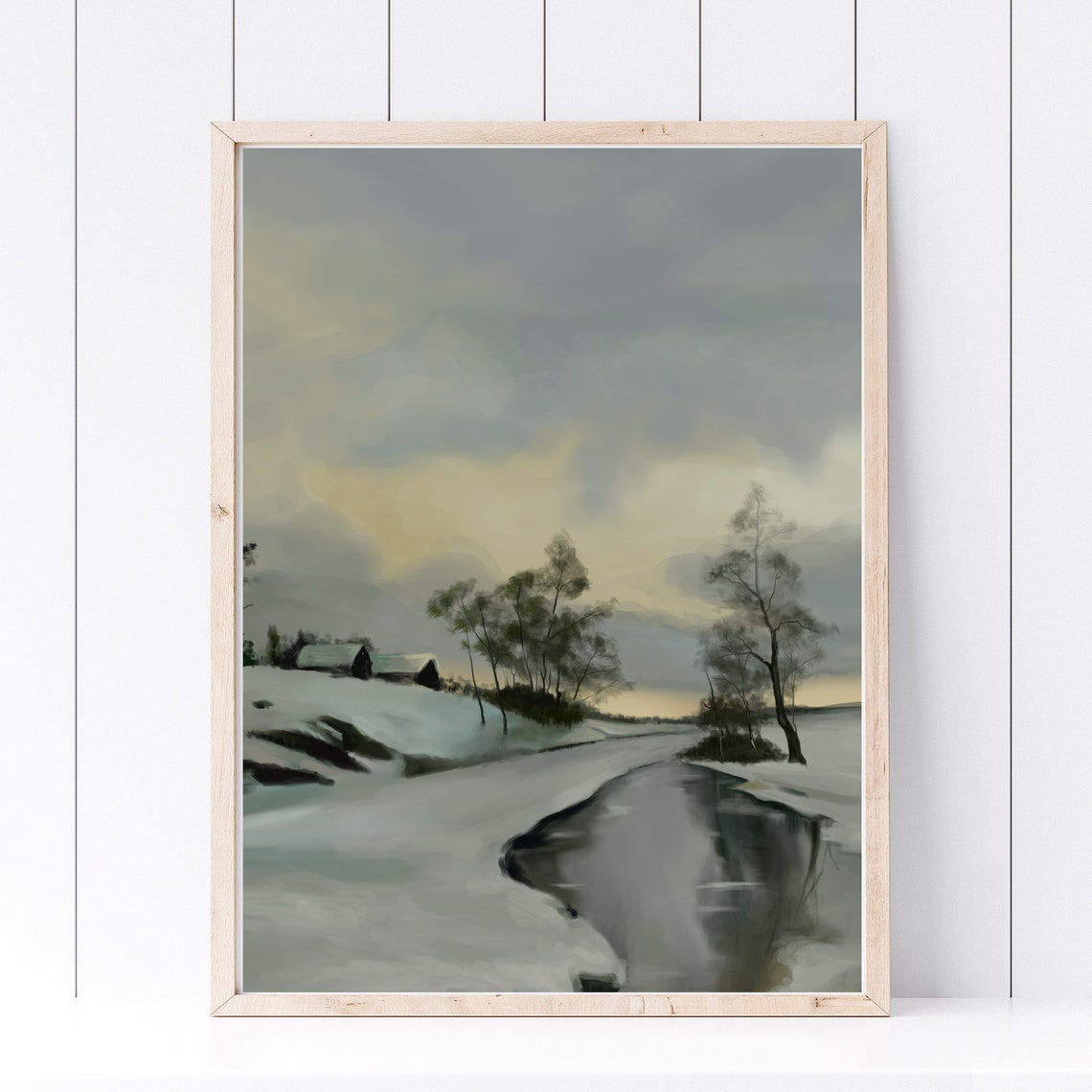 Winter Landscape Snowy River Cabin Snowy Trees Muted Calm Art Print - Image 3