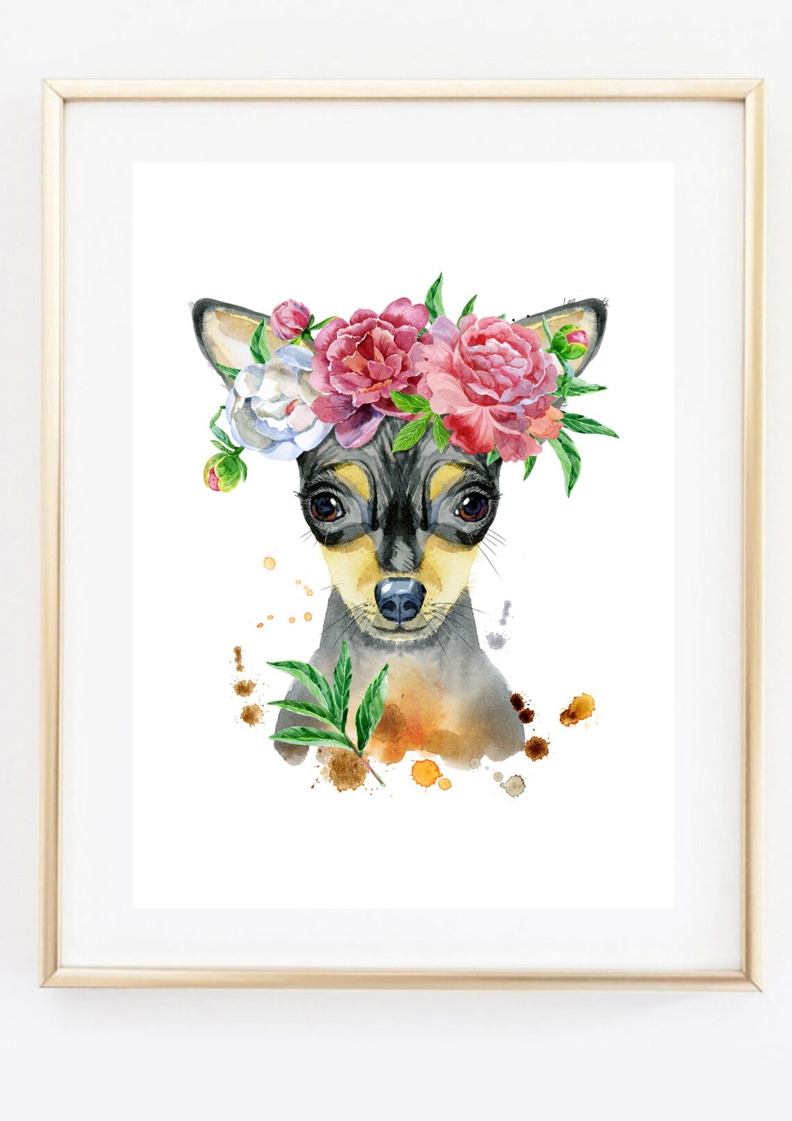 Miniature Pinscher Dog Portrait Flower Crown Watercolor Art Print - Image 3
