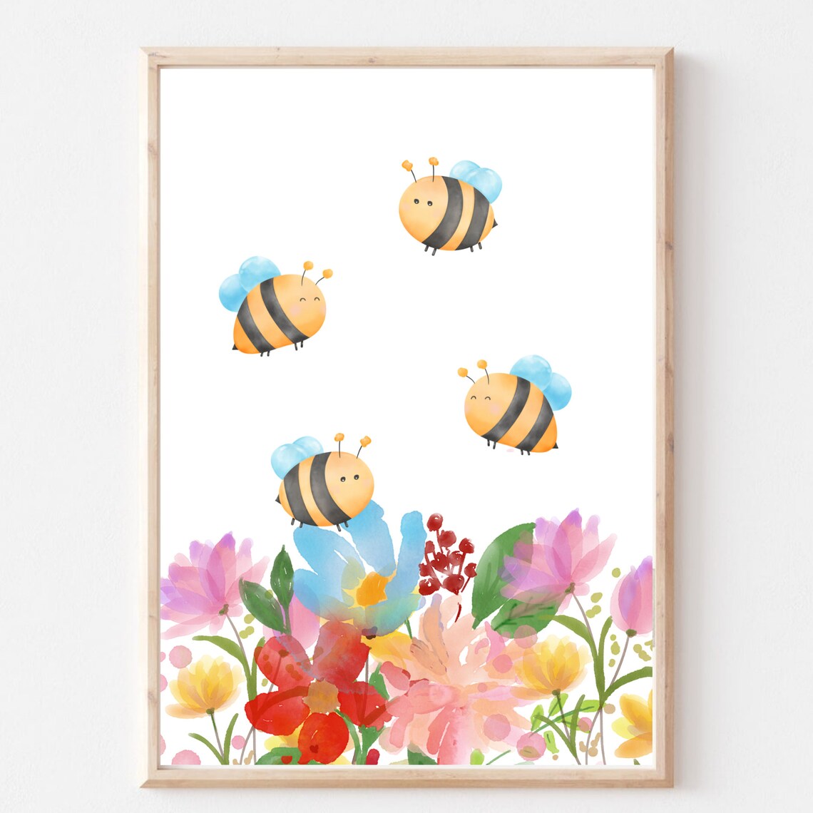Cute Bumblebees Watercolor Meadow Flowers Kids Room Nature Poster
