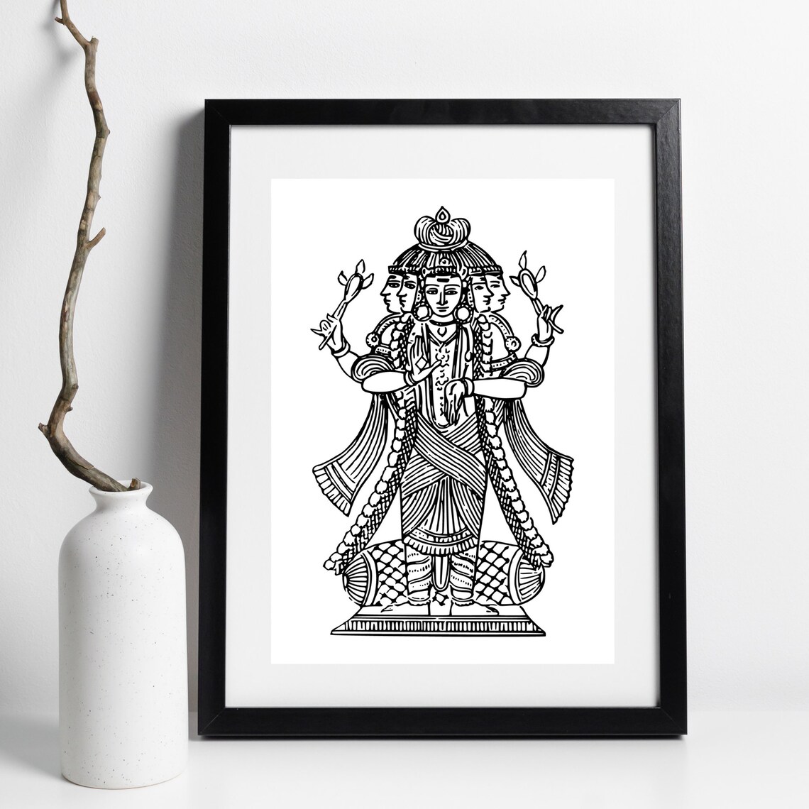 Five Faced Hindu God Shiva Traditional Black Line Drawing Art Print