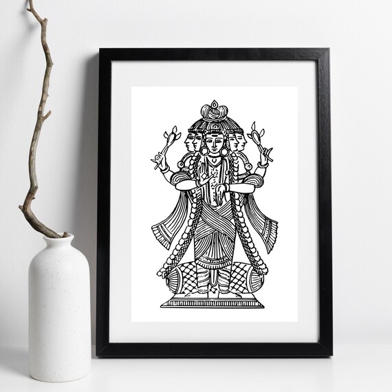 Five Faced Hindu God Shiva Traditional Black Line Drawing Art Print