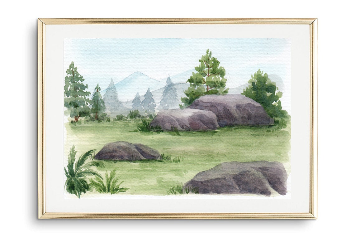 Watercolor Mountain Meadow Rocks Pine Forest Nature Landscape Poster - Image 2