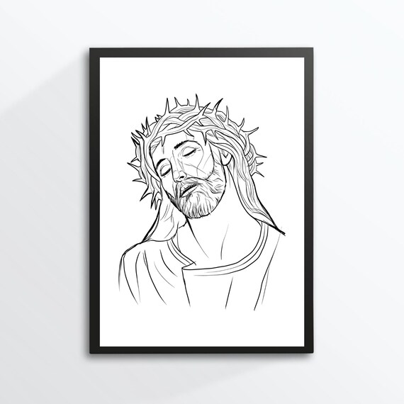 Jesus Christ Crown of Thorns Line Sketch Christian Faith Art Print