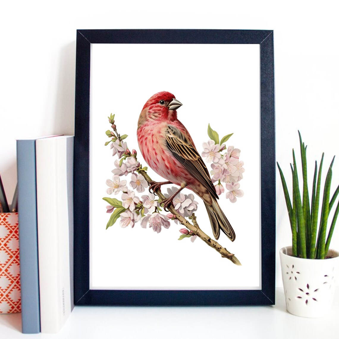 Red Finch Bird On Cherry Blossom Branch Vintage Nature Art Poster - Image 2