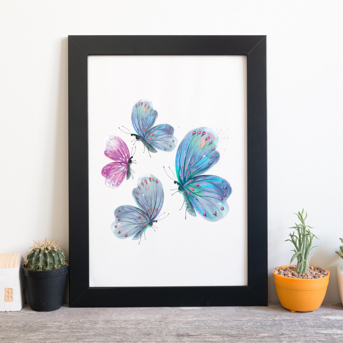Pastel Butterflies Watercolor Blue Pink Purple Group Nature Art Poster