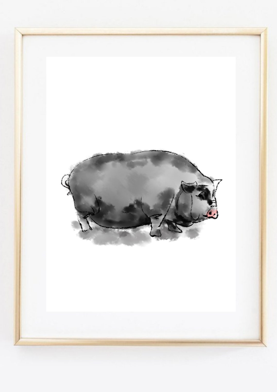 Mini Pot Bellied Pig Ink Watercolor Cute Grey Farm Animal Poster - Image 2