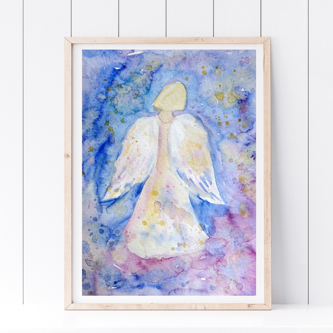 Guardian Angel Watercolor Blue Golden Spiritual Faith Wall Art Print - Image 2
