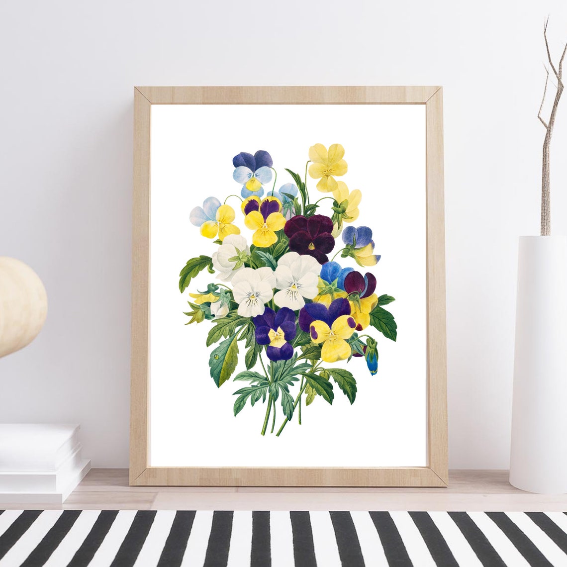 Vintage Pansy Bouquet Yellow Purple White Retro Botanical Art Print - Image 2
