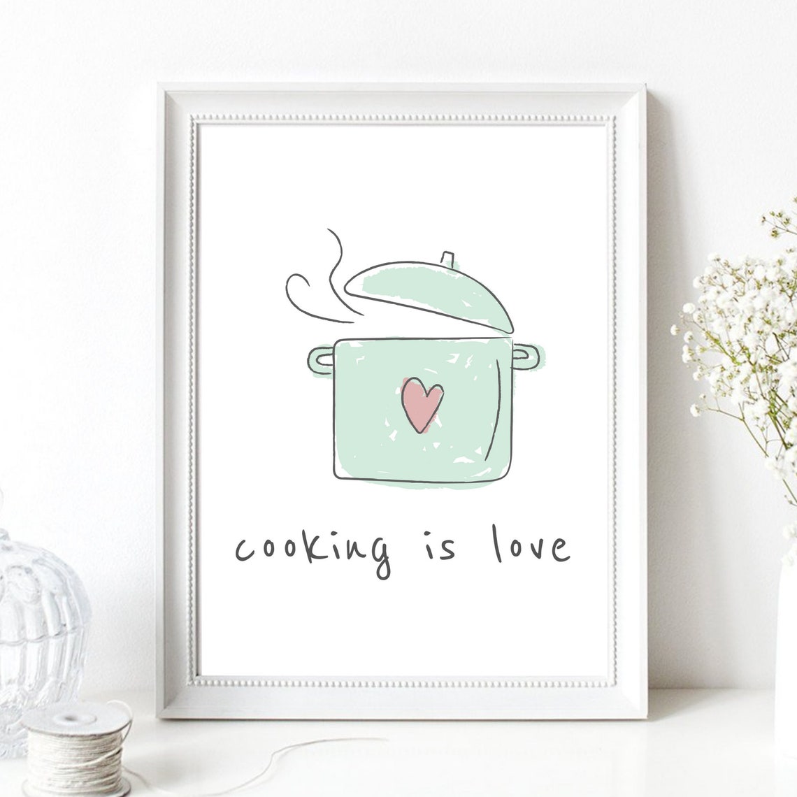 Cooking Is Love Mint Green Pot Heart Doodle Kitchen Quote Wall Art - Image 2