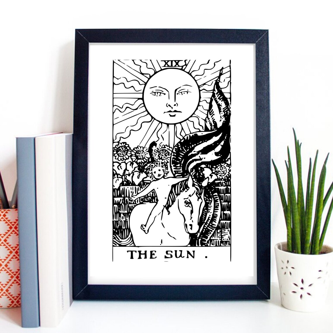 The Sun Tarot Card Black Line Rider Waite Child Horse Art Print - Image 2