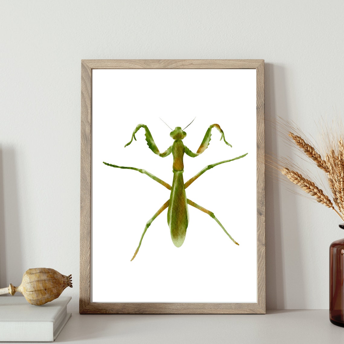 Praying Mantis Watercolor Green Insect Symmetrical Nature Art Poster - Image 3