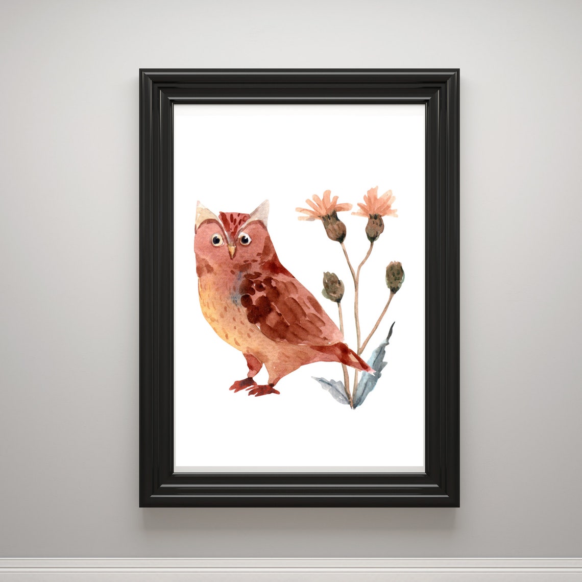 Warm Brown Watercolor Owl with Autumn Thistle Flowers Bird Art Poster